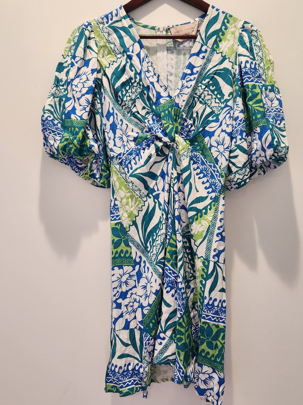 White Closet Elements Blue & Green Floral Linen Blend Mini Dress Puff Sleeve